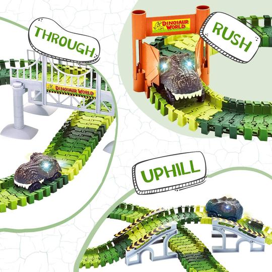 156pc Dinosaur World Road Race,Flexible Track Playset and 2 pcs Cool Dinosaur car