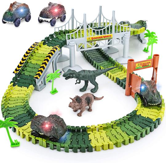 156pc Dinosaur World Road Race,Flexible Track Playset and 2 pcs Cool Dinosaur car