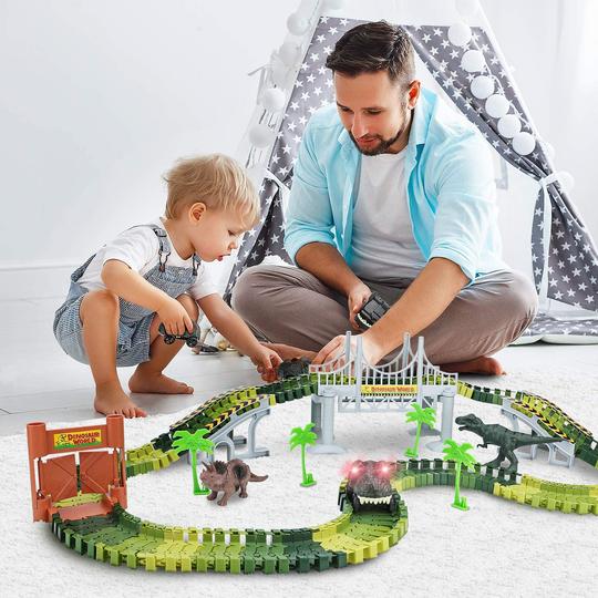 156pc Dinosaur World Road Race,Flexible Track Playset and 2 pcs Cool Dinosaur car